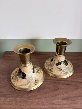 Vintage Brass cloisonné Candlestick Holders with enamel Bird Motif (2)